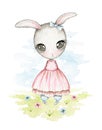 Watercolor easter shy rabbit girl with big eyes and in pink dress on landscape