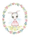 Watercolor easter shy rabbit girl on landscape in oval frame of flowers Royalty Free Stock Photo