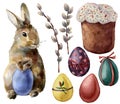 Watercolor Easter symbols set with eggs and bunny. Hand painted color eggs, willow branch, Easter cake, rabbit Royalty Free Stock Photo