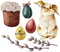 Watercolor Easter symbols set with eggs and rabbit. Hand painted color eggs, willow branch, Easter cake, isolated Royalty Free Stock Photo