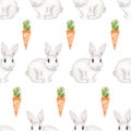 Watercolor easter white bunny and carrot seamless pattern, hand drawn cute rabbit and garden vegetable repeat paper, baby animal p