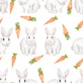 Watercolor easter white bunny and carrot seamless pattern, hand drawn cute rabbit and garden vegetable repeat paper, baby animal