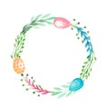 Watercolor Easter wreath clipart. Spring floral frame with eggs Green branches leaves clip art. Circle of branches and Royalty Free Stock Photo