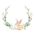 Watercolor easter wreath with cute rabbit, willows, spring greens, flowers, quail eggs Royalty Free Stock Photo