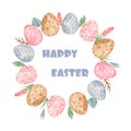 Watercolor easter wreath with eggs and flowers. Royalty Free Stock Photo