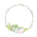 Watercolor Easter wreath, isolated on white background. Hand painted Round frame with pussy willow branch, spring Royalty Free Stock Photo