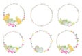 Watercolor Easter wreath Set, on white background. Hand painted Round frame with pussy willow branch, spring