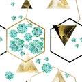 Watercolor echeveria succulents and golden and black hexagons and triangles geometrical minimalist modern seamless