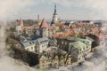 Watercolor effect of photo with view from above of Tallinn Old Town in summer, Estonia Royalty Free Stock Photo