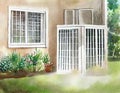 Watercolor of efficient outdoor heat pump or AC unit in house of the Ideal source of