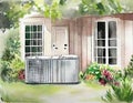 Watercolor of efficient outdoor heat pump or AC unit in house of the Ideal source of