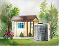 Watercolor of efficient outdoor heat pump or AC unit in house of the Ideal source of