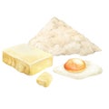 Watercolor egg, pile of flour and butter. Cooking set. Watercolor hand drawn illustration, isolated on white background Royalty Free Stock Photo