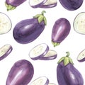 Watercolor eggplant pattern. Colored vegetables