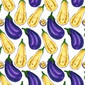 Watercolor eggplant in a pattern on a white background