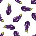 Watercolor eggplant seamless pattern on white background