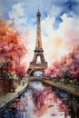 Watercolor Eiffel Tower on the background of cherry blossom trees. Tourist Paris Royalty Free Stock Photo