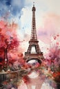 Watercolor Eiffel Tower on the background of trees with red foliage. Autumn Parisian landscape