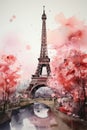 Watercolor Eiffel Tower and cherry blossom trees. Spring in Paris. Generative AI Royalty Free Stock Photo