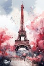 Watercolor Eiffel Tower and cherry blossom trees. Spring in Paris. Generative AI Royalty Free Stock Photo