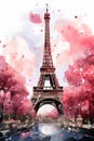 Watercolor Eiffel Tower and cherry blossom trees. Spring in Paris. Generative AI Royalty Free Stock Photo