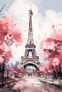 Watercolor Eiffel Tower and cherry blossom trees. Spring in Paris. Generative AI Royalty Free Stock Photo