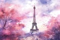 Watercolor Eiffel Tower and cherry blossom trees. Spring in Paris. Generative AI Royalty Free Stock Photo