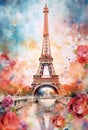 Watercolor Eiffel Tower with roses and paint splatter vertical orientation. Generative ai