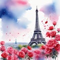 Watercolor Eiffel Tower with roses and paint splatter vertical