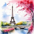 Watercolor Eiffel Tower with roses and paint splatter vertical