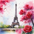 Watercolor Eiffel Tower with roses and paint splatter vertical