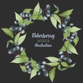 Watercolor elderberry branches wreath, frame border