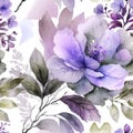 Watercolor elegance flowers seamless pattern. Dirty watercolor background. Hand drawn paint violet blossom flowers, leaves, brush Royalty Free Stock Photo