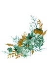 Watercolor elegance modern bouquet green teal blue black golden flower blossom and leaves on white