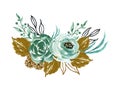 Watercolor elegance modern bouquet green teal blue black golden flower blossom and leaves on white