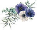 Watercolor elegant bouquet with anemone. Hand painted blue and white flowers, eucalyptus leaves and branch isolated on Royalty Free Stock Photo