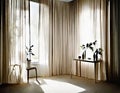 Watercolor of A elegant dressing table adorned with a curtain in a sunlit bedroom with leaf