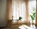 Watercolor of A elegant dressing table adorned with a curtain in a sunlit bedroom with leaf