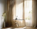 Watercolor of A elegant dressing table adorned with a curtain in a sunlit bedroom with leaf