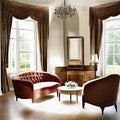 Watercolor of Elegant living room with a chesterfield sofa showcasing exceptional interior