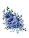 Watercolor elegant vintage navy indigo blue flower bouquet and leaves foliage hand painted Royalty Free Stock Photo