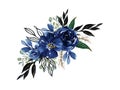 Watercolor elegant vintage navy indigo blue flower bouquet and leaves foliage hand painted Royalty Free Stock Photo