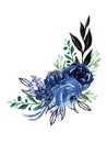 Watercolor elegant vintage navy indigo blue flower bouquet and leaves foliage hand painted Royalty Free Stock Photo