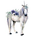 Watercolor elegant white unicorn with anemone flowers bouquet. Hand painted magic horse, white and blue anemone isolated