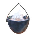 Watercolor element, tourist camp cauldron with boiling fresh-soup in the boiler. For decoration of design compositions