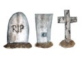 Watercolor elements isolated on white background, three different gravestones with graves Royalty Free Stock Photo