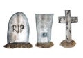 Watercolor elements isolated on white background, three different gravestones with graves