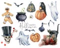 Watercolor elements set for halloween. Hand painted holiday set with cat, pumpkin, skull, crow, gingerbread, ghost and