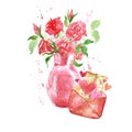 Watercolor Elements Set For Valentines Day. Hand Painted Floral Bouquet With Red Roses In Vase
