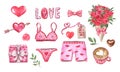 Watercolor elements for Valentines day design. Hand drawn red and pink hearts, sexy lingerie, coffee cup, gift box, roses